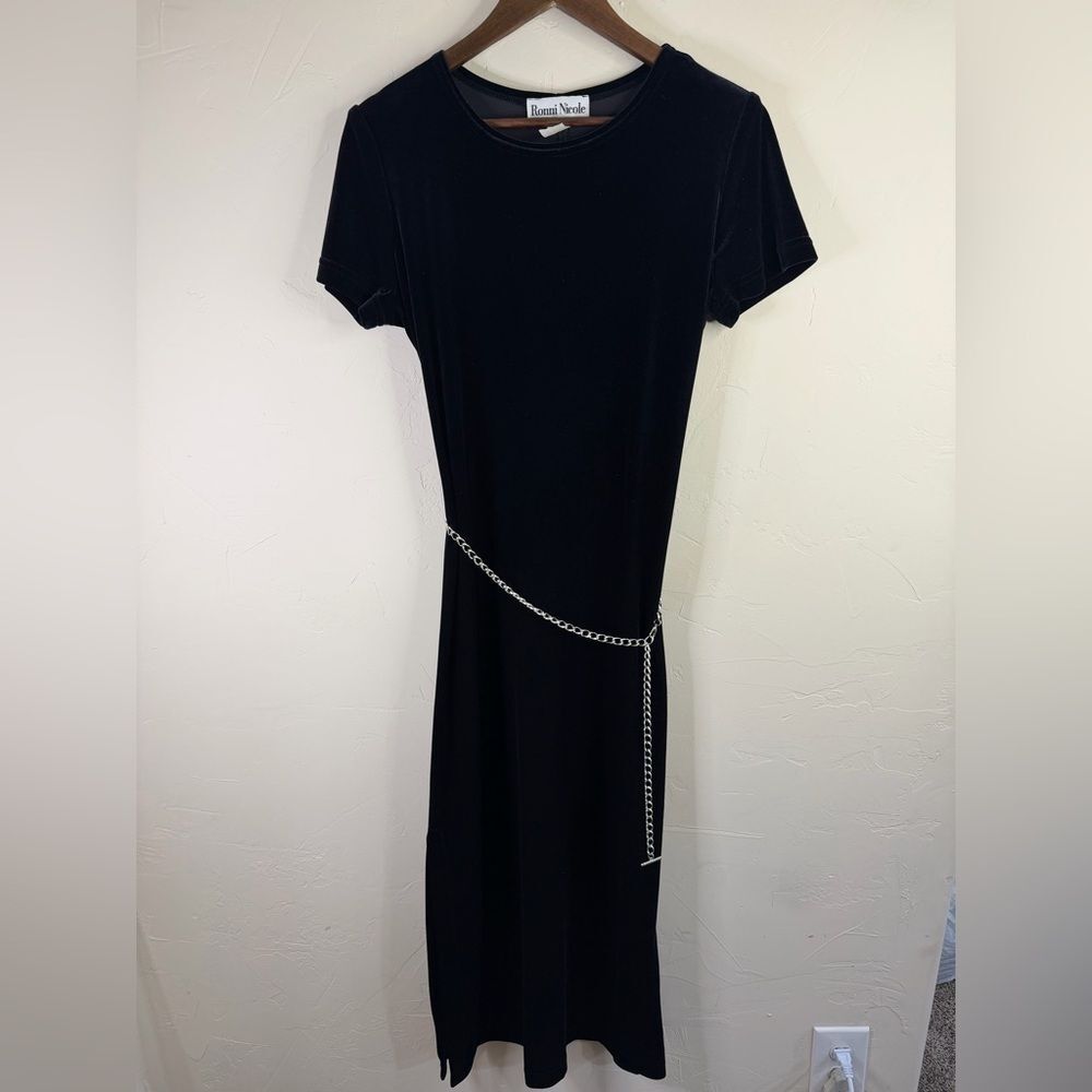 Vintage velvet Ronni Nicole Black Midi Dress with Silver Chain Accent